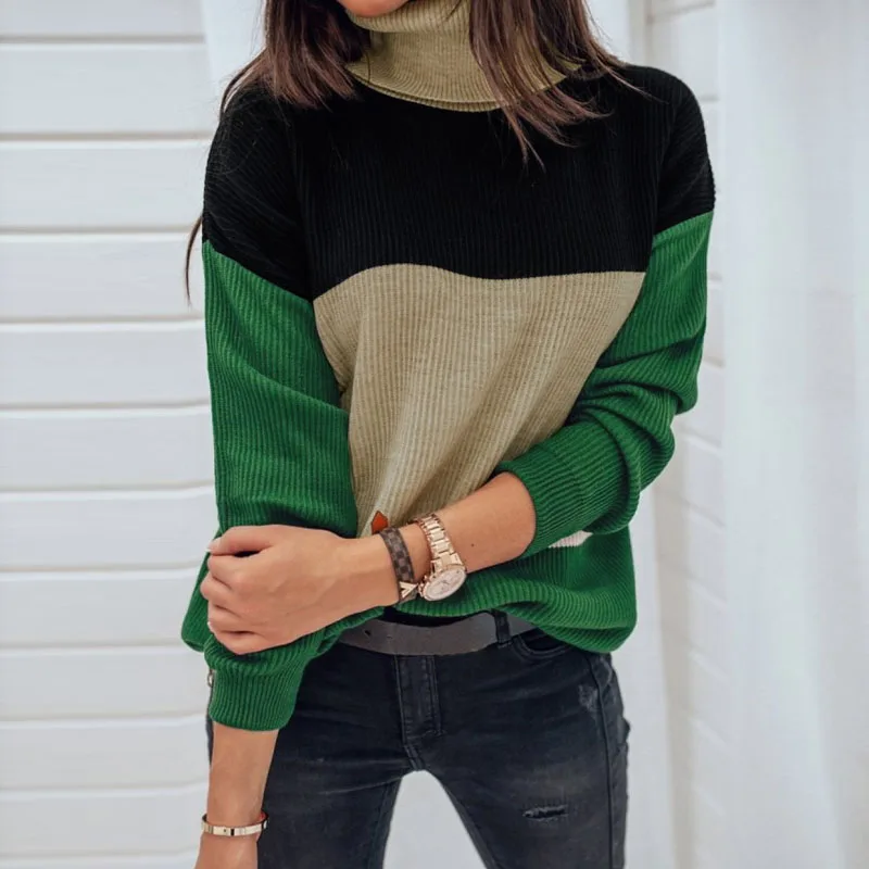 

Women Pullovers New Turtleneck Patchwork Sweaters&Jumpers Casual High Collar Long Sleeve Knitted Sweater Female Tops