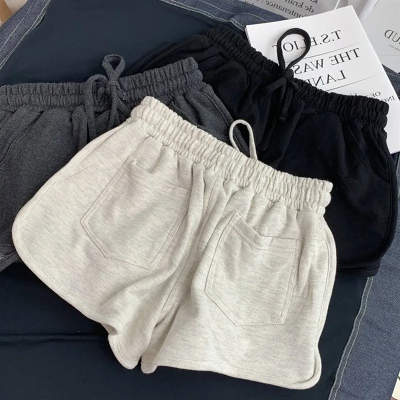 Summer Loose Shorts Women Fashion Casual Fitness Shorts Ladies Grey Black Solid High Waist Shorts Elastic Waist 2024