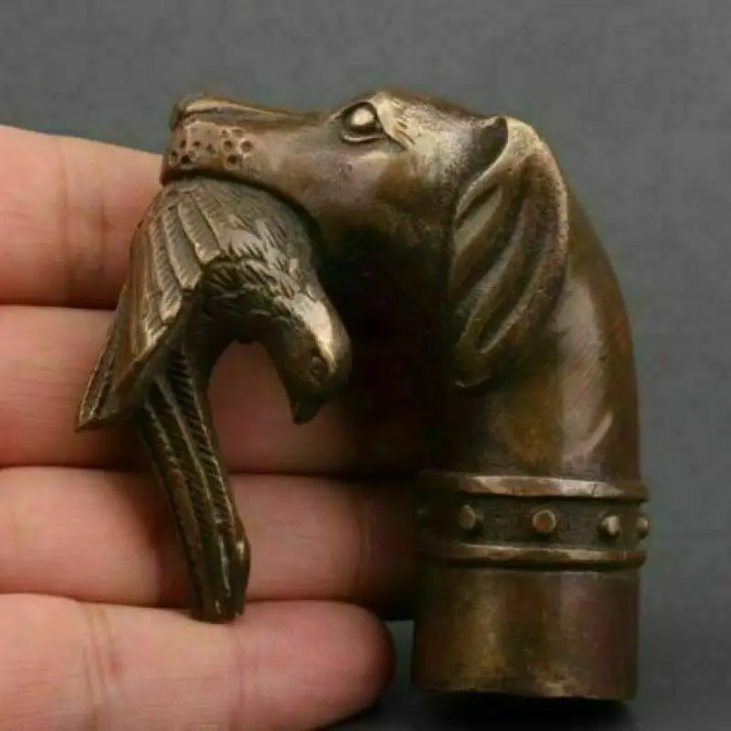 Unique Chinese Bronze Statue Dog Bird Cane Walking Stick Head Handle Accessorie