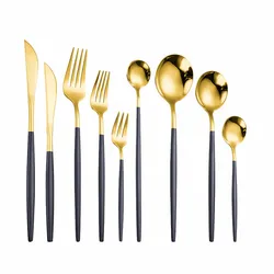 Black Gold Stainless Steel Cutlery Set Kitchen Spoon Fork Luxury Dinnerware Dessert Spoon Tea Fork Tableware Set Bright Light