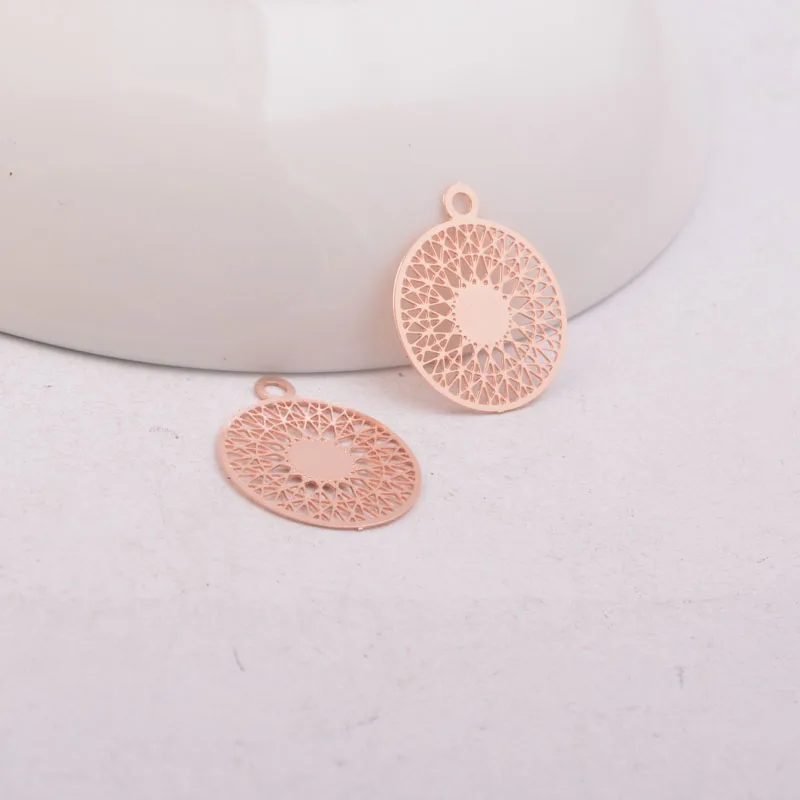 100pcs AA3739 15*17mm Brass Filigree Flat Round Charm Rose Gold And Silver Color Charms Jewelry Earring Pendant Parts