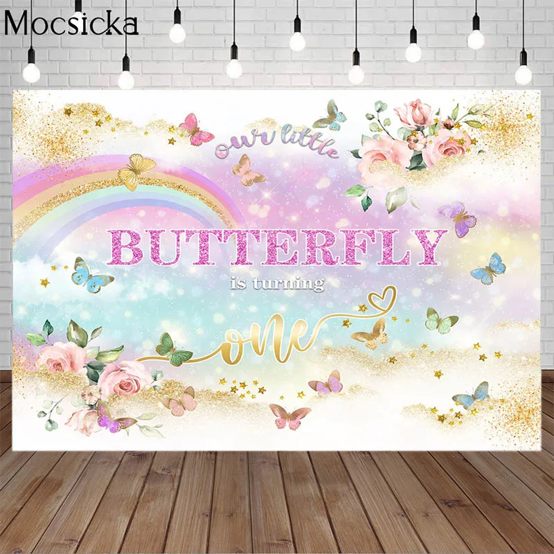 

Mocsicka Butterfly Theme Children 1st Birthday Party Photography Backdrops Golden Rainbow Flowers Baby Shower Photo Background