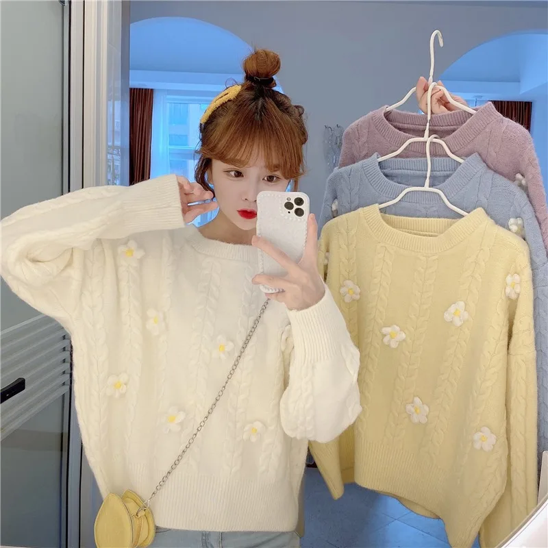 Special Offer Autumn Winter Women Loose Pullover Sweater Sweet 3D Flowers Decoration Twisted Solid Color Knitted Sweater