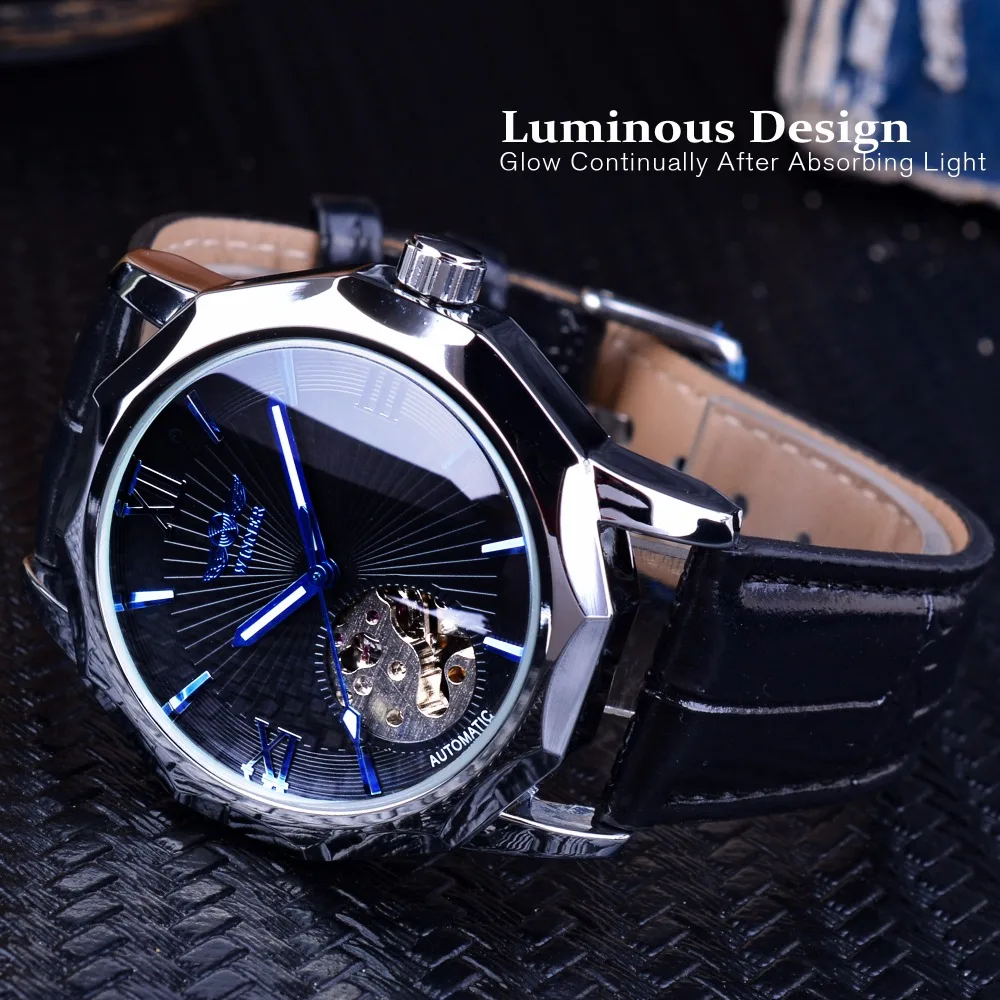 Top Brand Luxury Winner Watch Blue Ocean Geometry Design Transparent Skeleton Dial Mens Watch Automatic Fashion Mechanical Watch