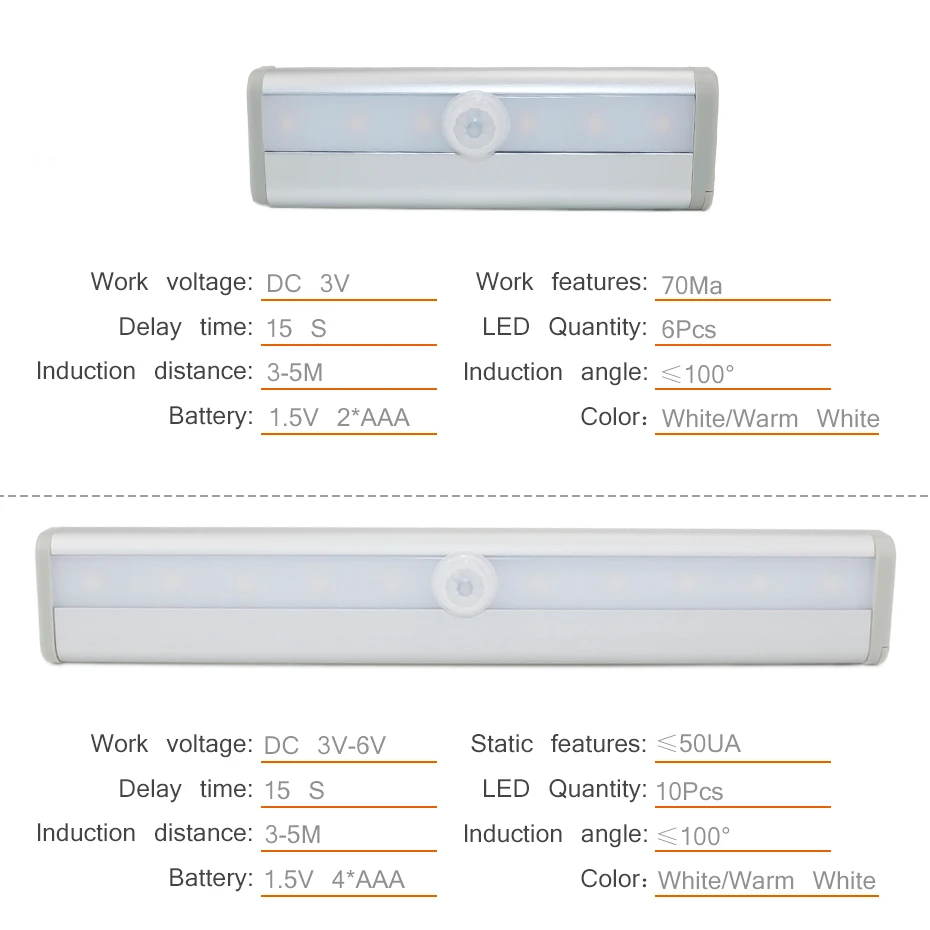 Imagem -02 - Luz da Noite Led Sensor de Movimento sem Fio Lâmpada Noite Branco Branco Quente 10 Leds para Cozinha Guarda-roupa Lâmpada Escada Backlight