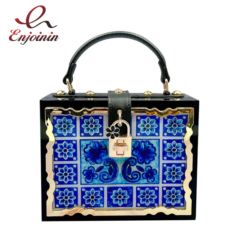 Fashion Flower Pattern Box Style Party Handbag Clutch Luxury Women Purses  Acrylic Designer Crossbody Bag Black Shoulder Bag