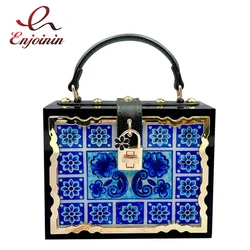 Fashion Flower Pattern Box Style Party Handbag Clutch Luxury Women Purses  Acrylic Designer Crossbody Bag Black Shoulder Bag