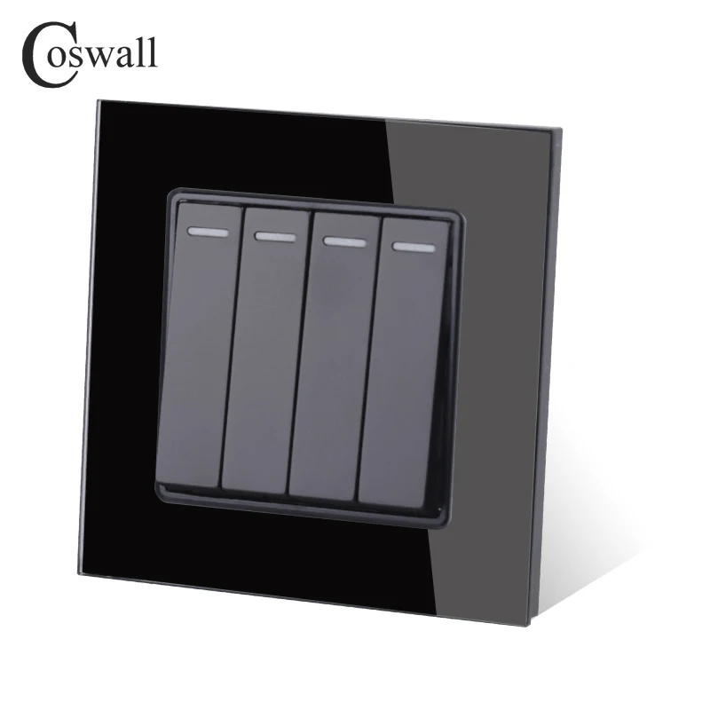 COSWALL 4 Gang 2 Way Luxury Crystal Glass Panel Light Switch On / Off Pass Through Wall Switch 16A