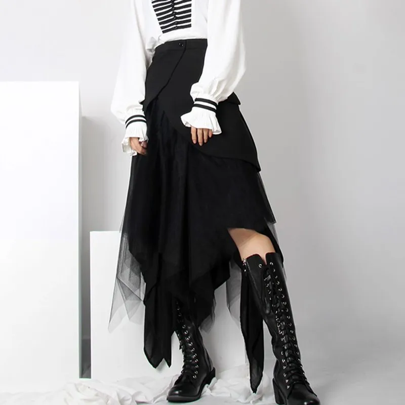 TWOTWINSTYLE Asymmetrical Patchwork Mesh Skirt For Women High Waist Plus Sizes Skirts Female Fashion Clothes 2022 Spring New