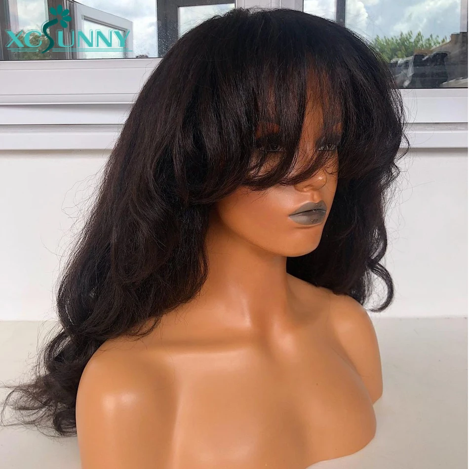 Yaki Wavy Human Hair Wig With Bangs For Black Women Bangs Wig Human Hair Wear To Go Brazilian Machine Made PU Scalp Top Wig