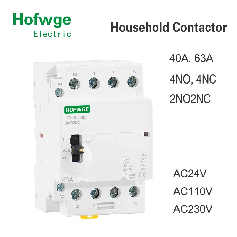 HCH8-63M 4P 40A 24V 110V 220V Din Rail Household AC Modular Contactor With Manual Control Switch 4NO 2NO2NC or 4NC