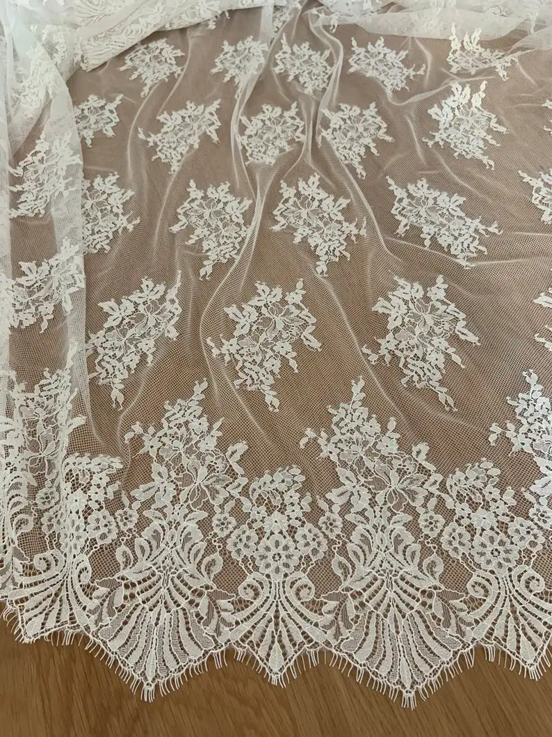 3 Yards Ivory Chantilly Lace Fabric With Double Scallops, Retro Florals Motif Lace Fabric