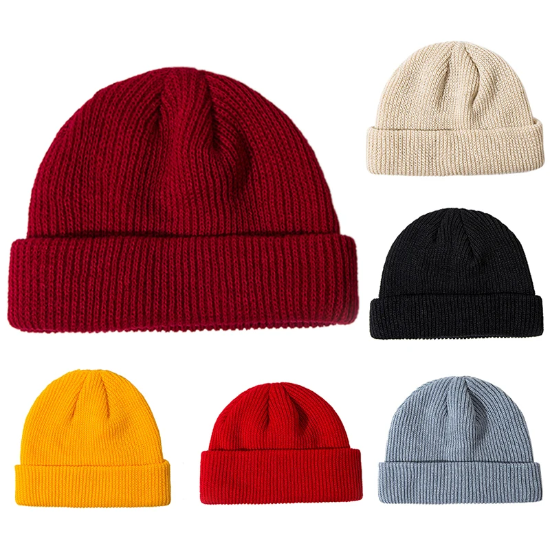 

1PC 22cm*14cm Winter Unisex Black Grey Red Solid Color Rib Knitted Beanies Hats For Woman Mens Ladies Casual Cap Kids Girls Boys