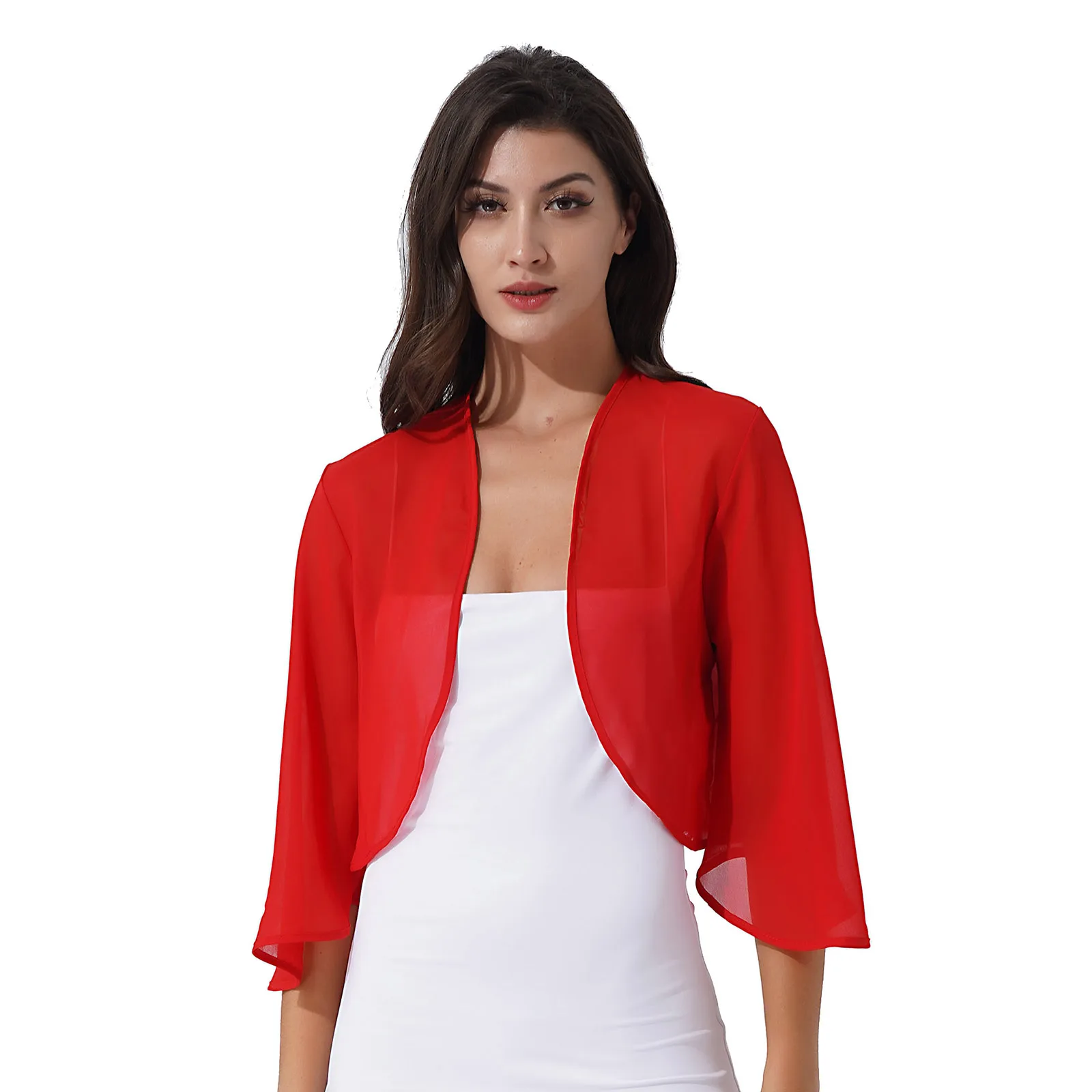 Bolero trasparente in Chiffon elegante da donna avvolge scialli da sera 3/4 manica aperta giacca frontale Cardigan coprispalle da sposa coprispalle