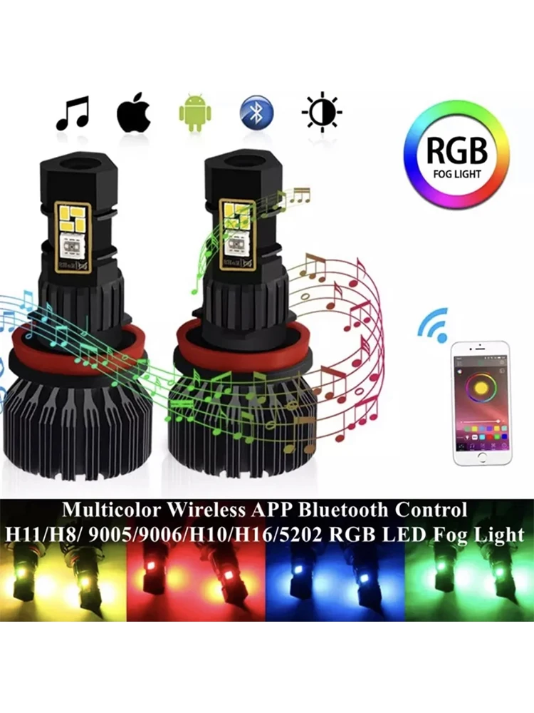 2PCS H11/H8/ 9005/9006/H10/H16/5202 RGB LED Nebel Glühbirne multicolor Drahtlose APP Bluetooth Steuer 1800 Lumen DRL Nebel Fahren