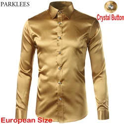 Men's Gold Shiny Satin Silk Like Dress Shirts 2020 Smooth Casual Dance Party Long Sleeve Wrinkle Free Tuxedo Shirt Men Chemise