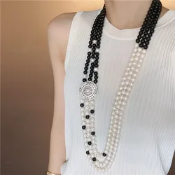 3 Strands Natural White Pearl black  agate Necklace Pearl Necklace 33-35