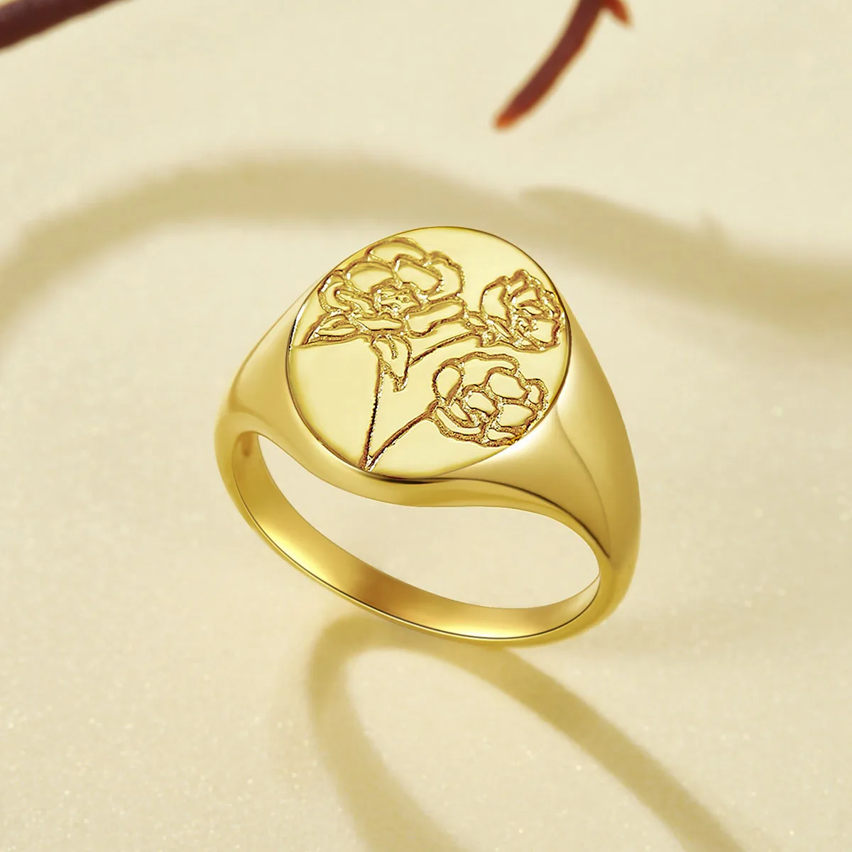 Birth Flower Rings Gold Plated Stainless Steel Handcrafted Engraved Flower Signet Ring Unique Gift for Women/Girls