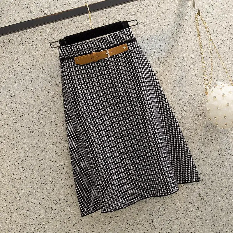 Knitted Skirt Women's Autumn and Winter Mid-Skirt 2024 New Fashion High Waist Houndstooth Wool Skirt Umbrella Skirt A- Line