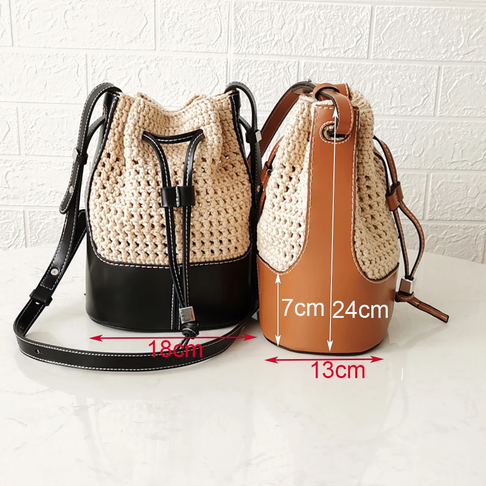 Handmade Handbag Shoulder Strap  Woven Bag Set Hollow Drawstring  Bucket Bags Leather DIY Backpack With Bag Bottom Belt 7Pcs Set