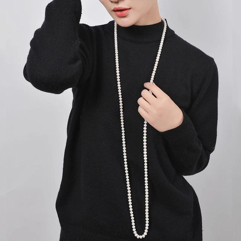 NYMPH Long Pearl Necklace Natural Freshwater Pearl Jewlery  Sweater Chain 6-7MM Near Round for wedding Gril X402