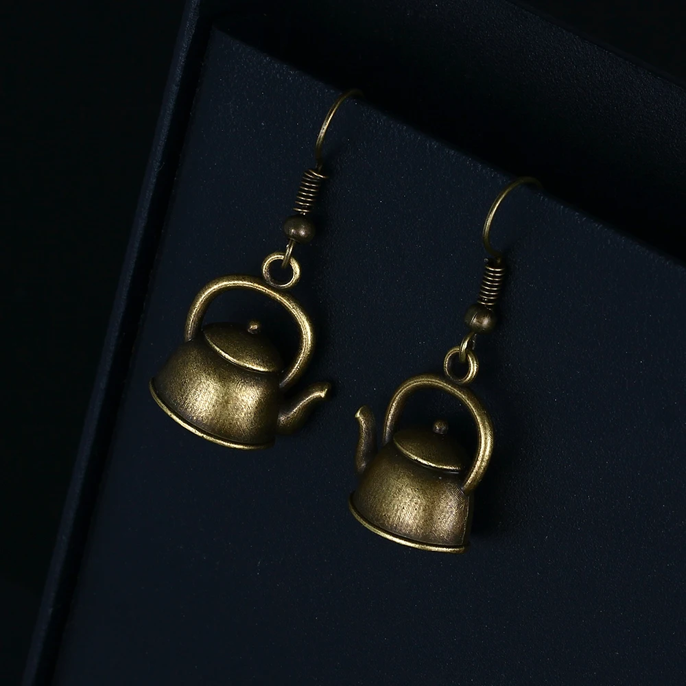 Trendy Vintage Bronze Kettle Shape Dangle Earrings for Women Girl Retro Drop Earrings Cute Small Object Earring Jewelry Bijoux