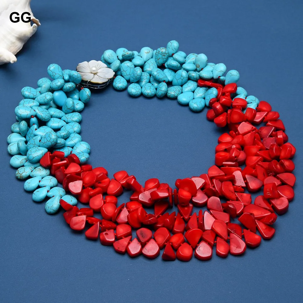 GG 3 Rows Natural Red Coral Blue Turquoise Teardrop Stone Necklace Handmade For Women