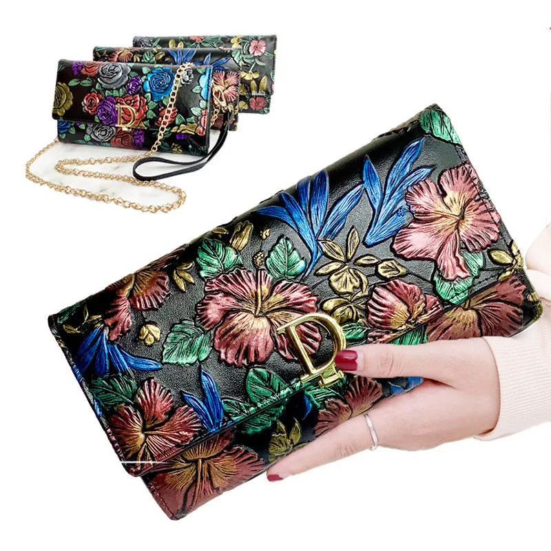 3d Flowers Embossing Women's Genuine Leather Long Purse Large Ladies Retro Clutch Wallets with Shoulder Chain Phone Holder