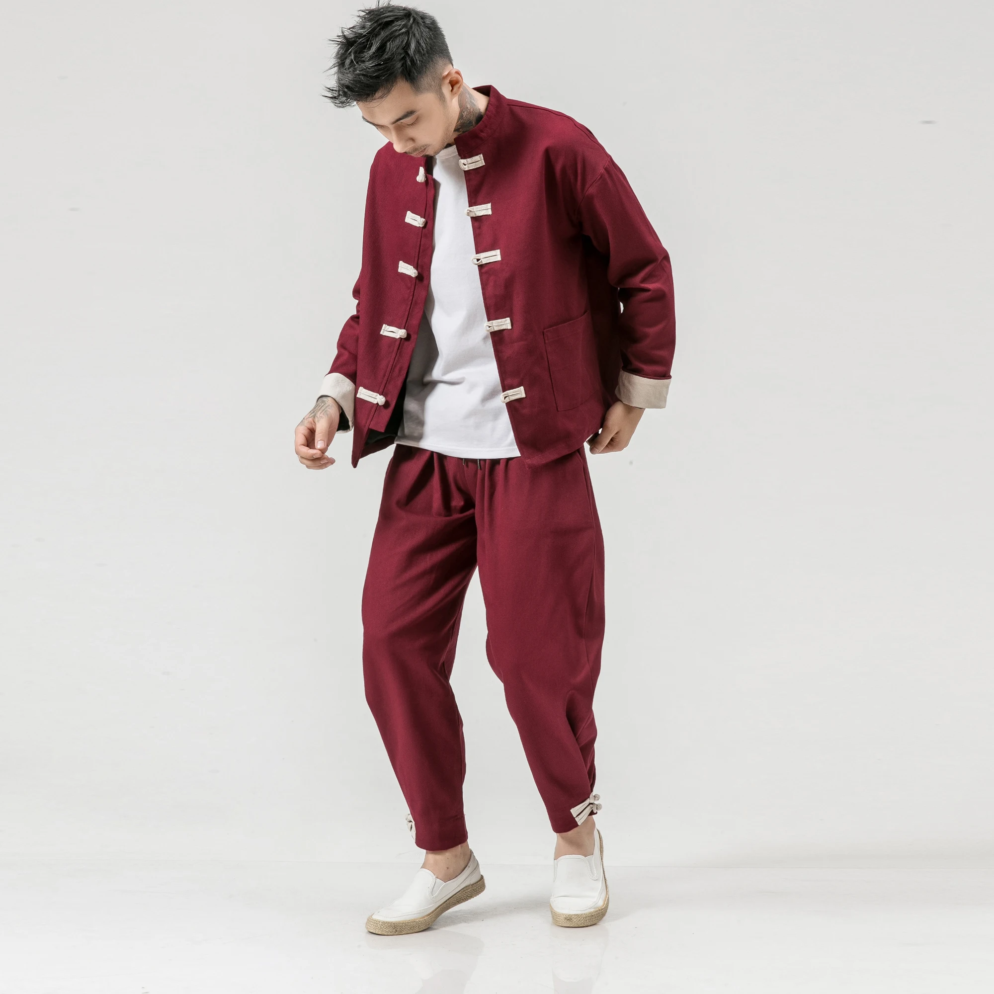 Men Cotton Linen Sets Mens Tang Suit Jackets +Pants Male Kung Fu Traditional Chinese Men Wushu Tai Chi Hanfu Tracksuit 5XL