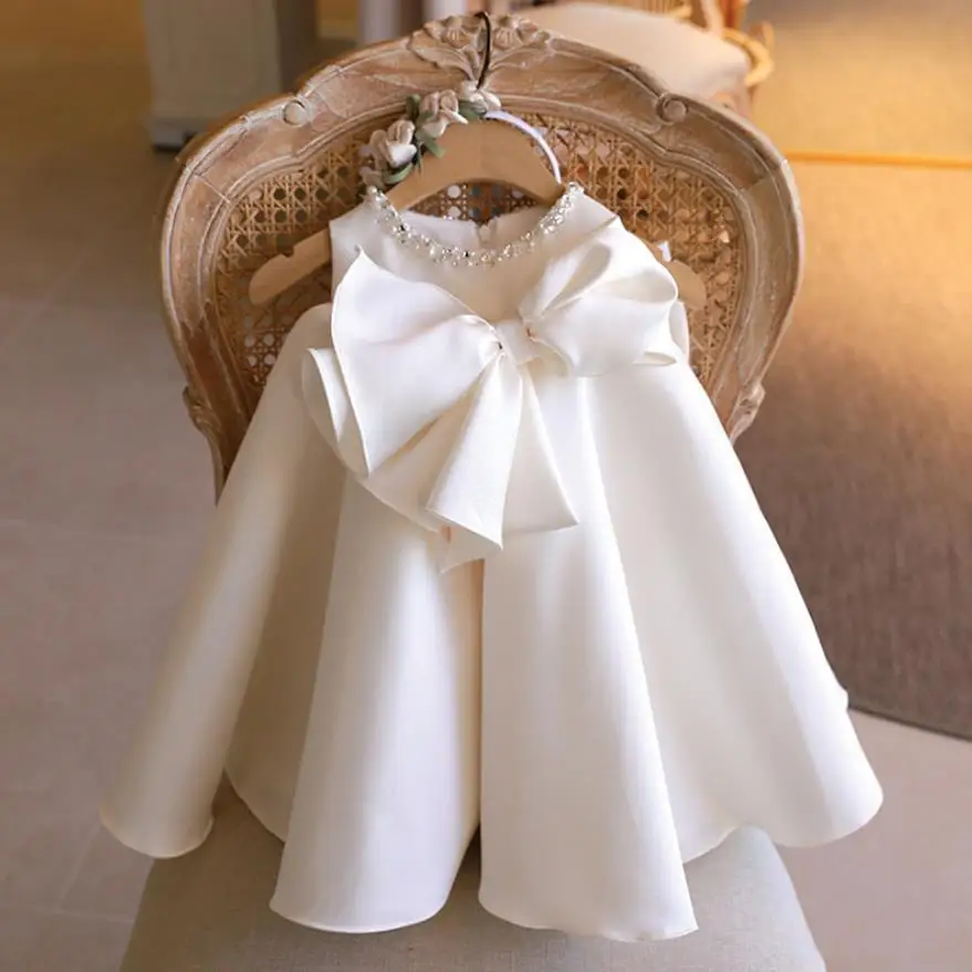 Summer New White Ceremony Gown Beading Bow Design Birthday Party Elegant Princess Christening Dress For Baby Girl  A562