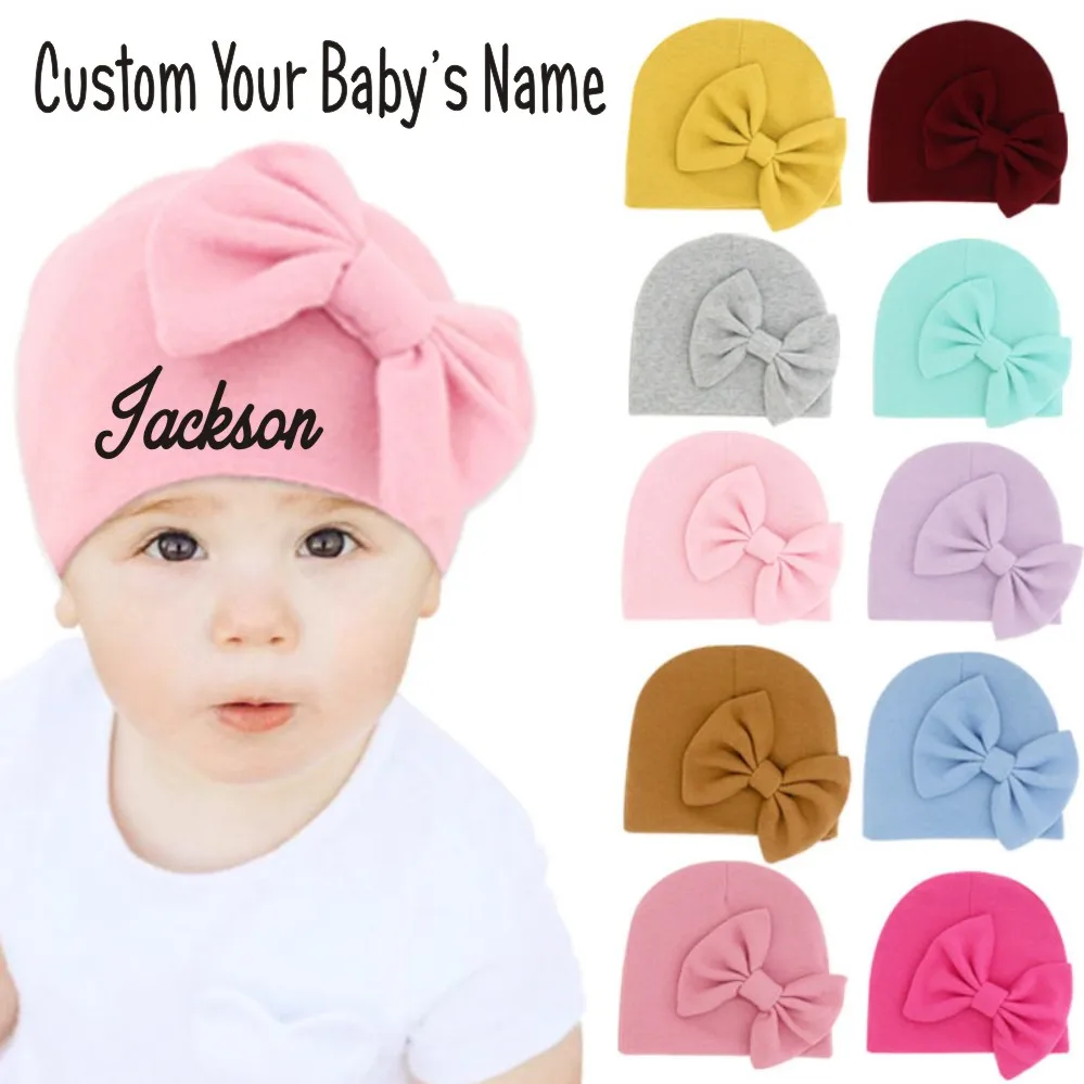 Personalized Name Pink Baby Girl Beanie Hat Newborn Baby Stretchy Hat with BOW Custom Monogram Baby Girl Turban Hospital Cap