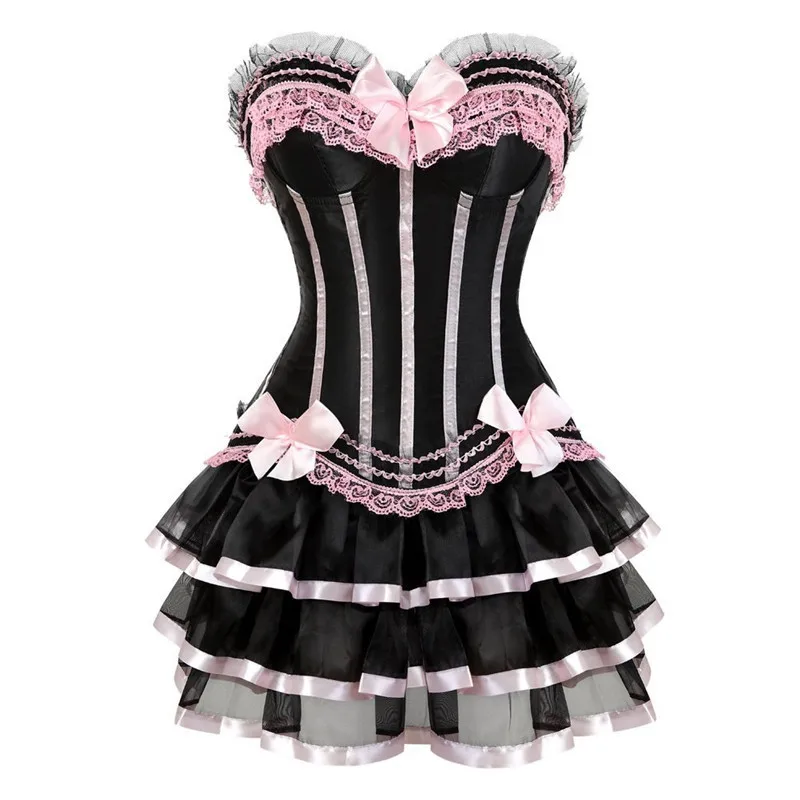 

Palace Fashion Striped Lace Sexy Cup Overbust Corset Dress Corsets Top With Skirts