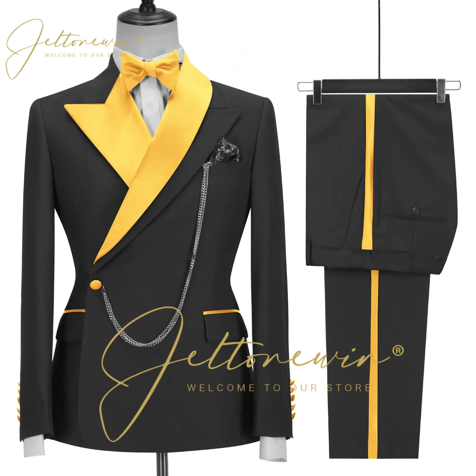 

JELTONEWIN Black Double Breasted Men's Suit For Wedding Groomsman Gold Lapel Slim Fit 2 Pieces Groom Tuxedos For Men Party Suits