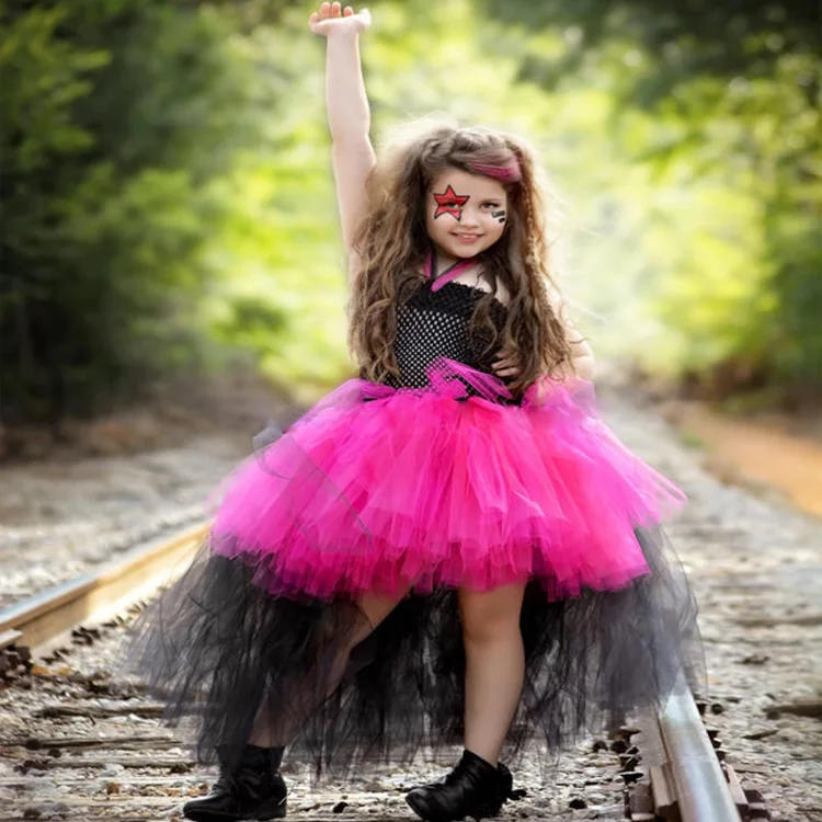 Girls Black Pink Rock Queen Tutu Dress Kids Crochet Tulle Trailing Dress with Strap Children Birthday Party Costume Tutus Dress