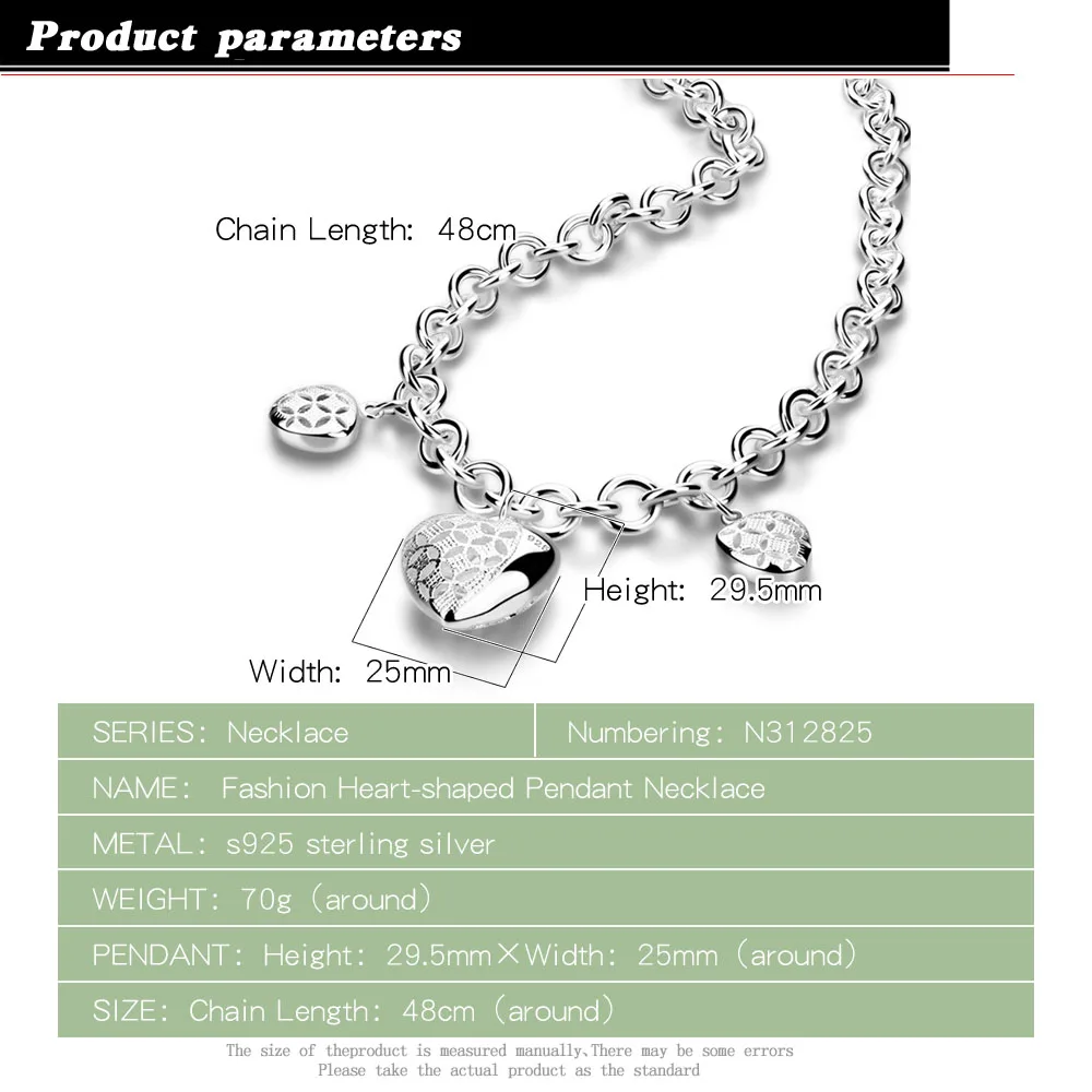 925 Sterling Silver Heart Pendant Necklace Chain Woman Choker Fashion Charm Silver Jewelry Ear Ornaments Shine Brightly Chain