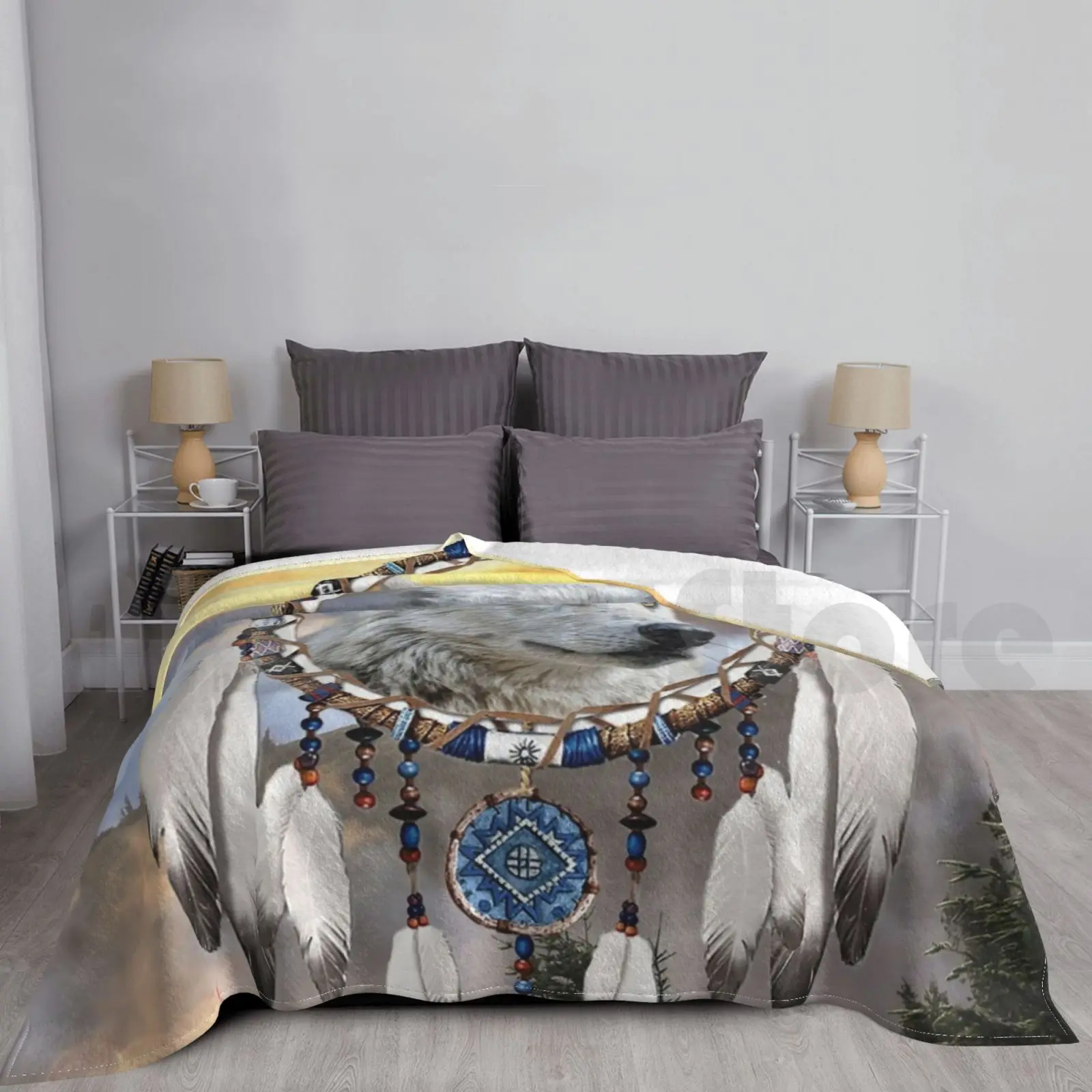 Wolf , Bear And Dream Catcher Blanket For Sofa Bed Travel Wolf Wolves Bear Wild Animals American Animals Native