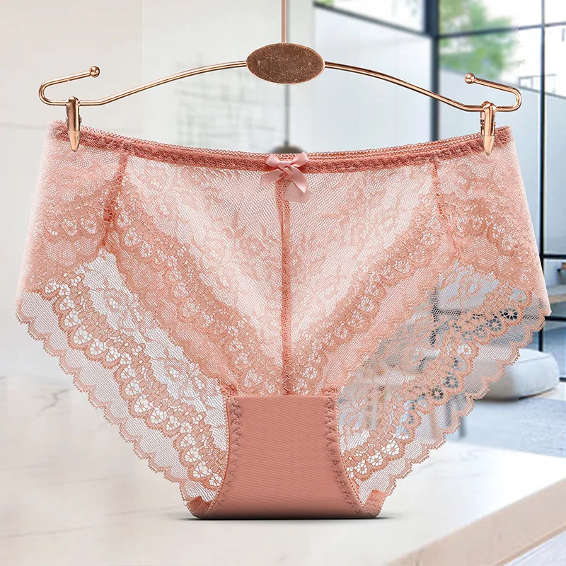 Women Sexy Lace Underwear Hollow Transparent Breathable Female Panties Middle Waist Seamless Delicate Flowers Breifs