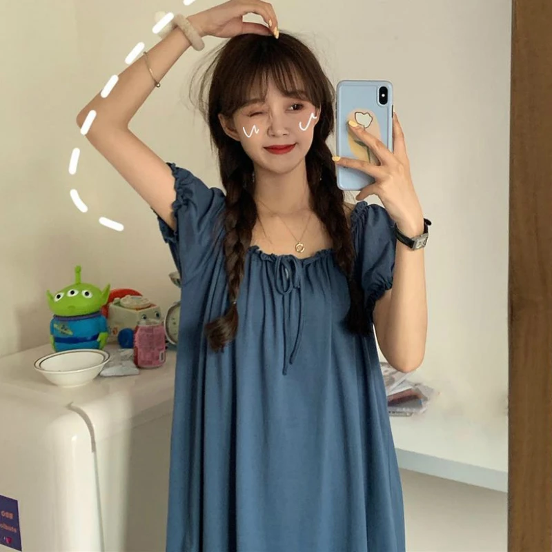 Nightgowns Womens Summer Ruffles Knee Length Bow Solid Sweet Kawaii Lolita Princess Dress Vintage Home Style Sleepshirts Hot New