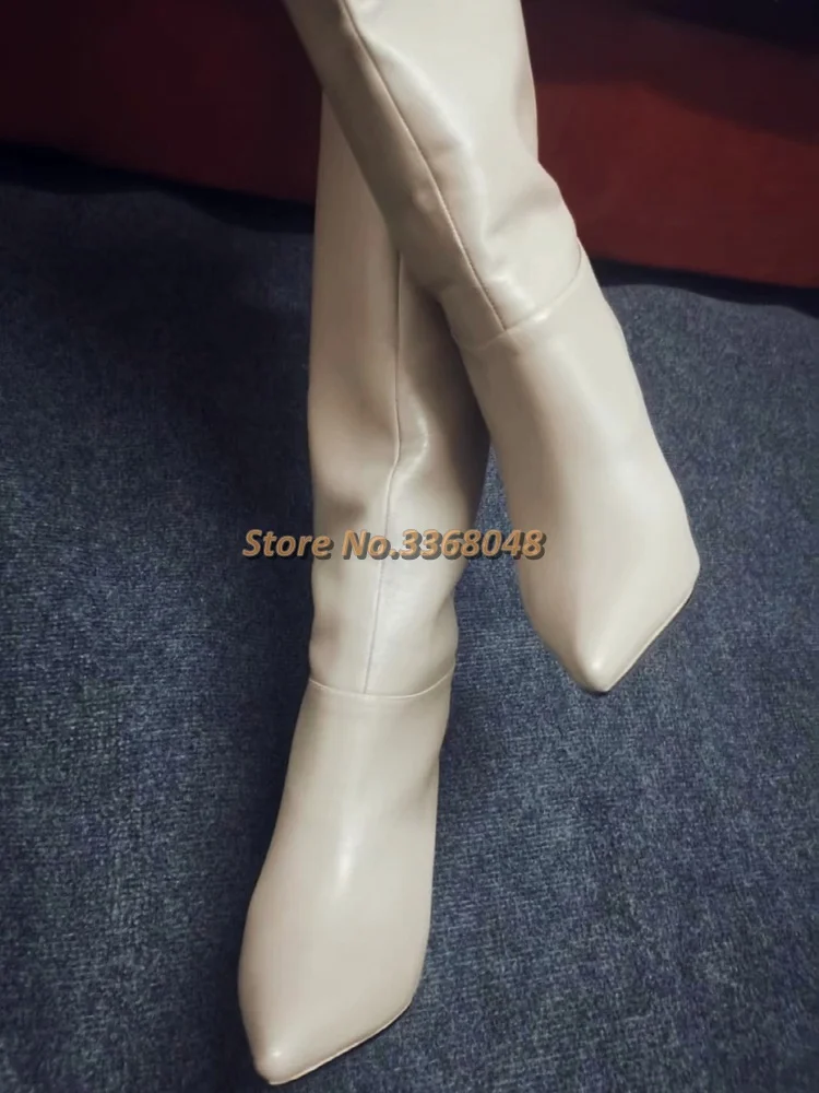 

Knee High Women Boots Sexy Pointed Toe Slip On Dress Women Shoes White Matte Leather Stiletto Heel Spirng Women Boots