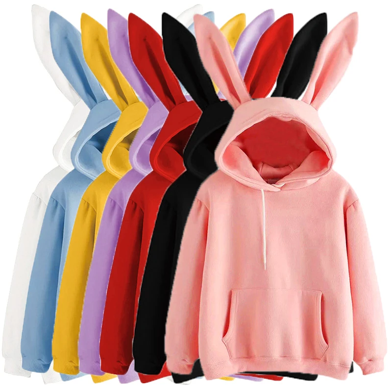 2022 Autumn Winter Women Hoodies Kawaii Rabbit Ears Fashion Hoody Casual colors Solid Color Warm Sweatshirt Hoodies For Women