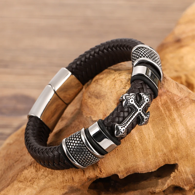 Stainless Steel Cross Bangles With Charms Chakra Men Black /Brwon Leather Bracelet Male Braided Multilayer Fashion Wholesale