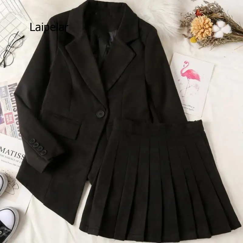 Suit Set 2021 New Women Autumn Winter Korean Version Pleated Skirt Two Pieces for Student Back To School Set