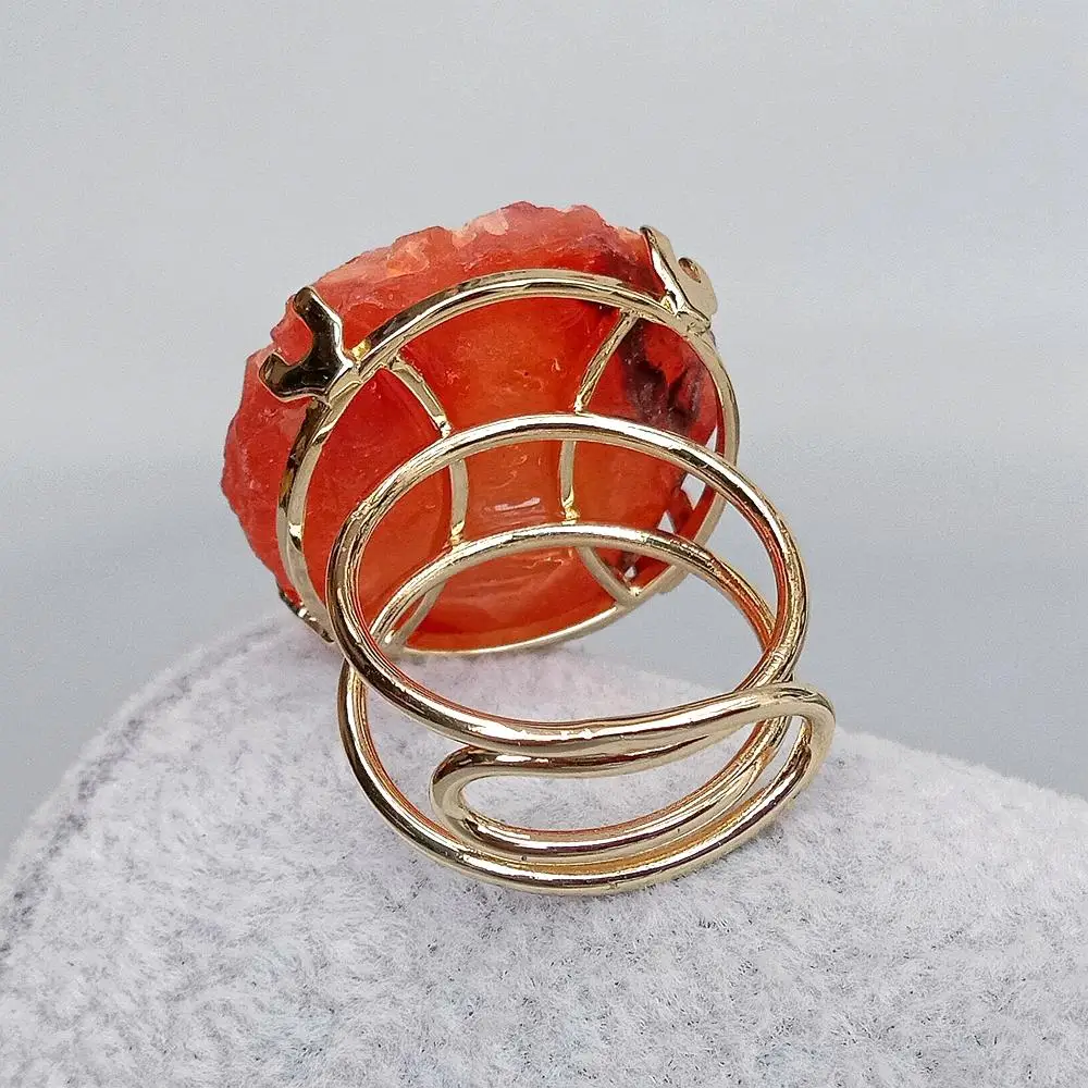 Y.YING Natural Carnelian Rough Druzy Raw Rings Gold Plated Resizable Ring