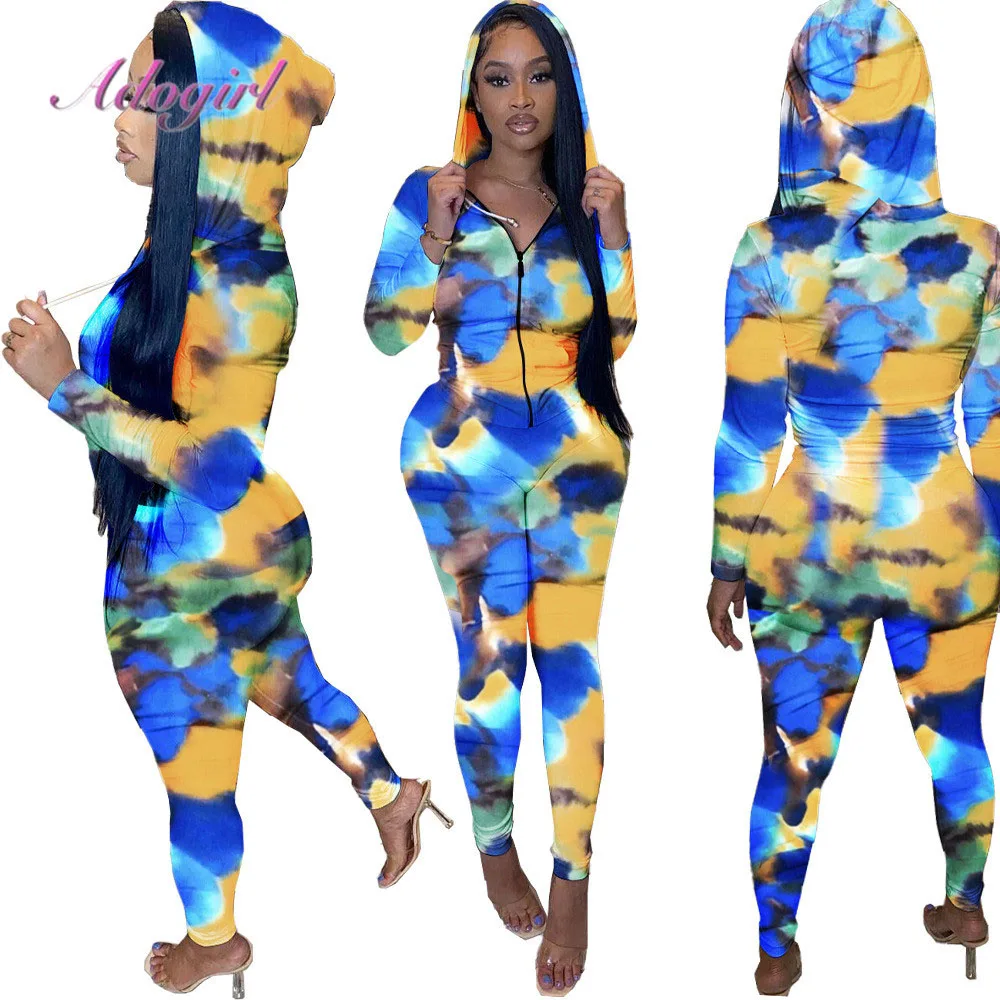 Autumn Fashion Sport Women Abstract Print Pants Suit Long Sleeve Hooded Top Coats + Pants 2 Pieces Sets Female Tracksuit Outfits