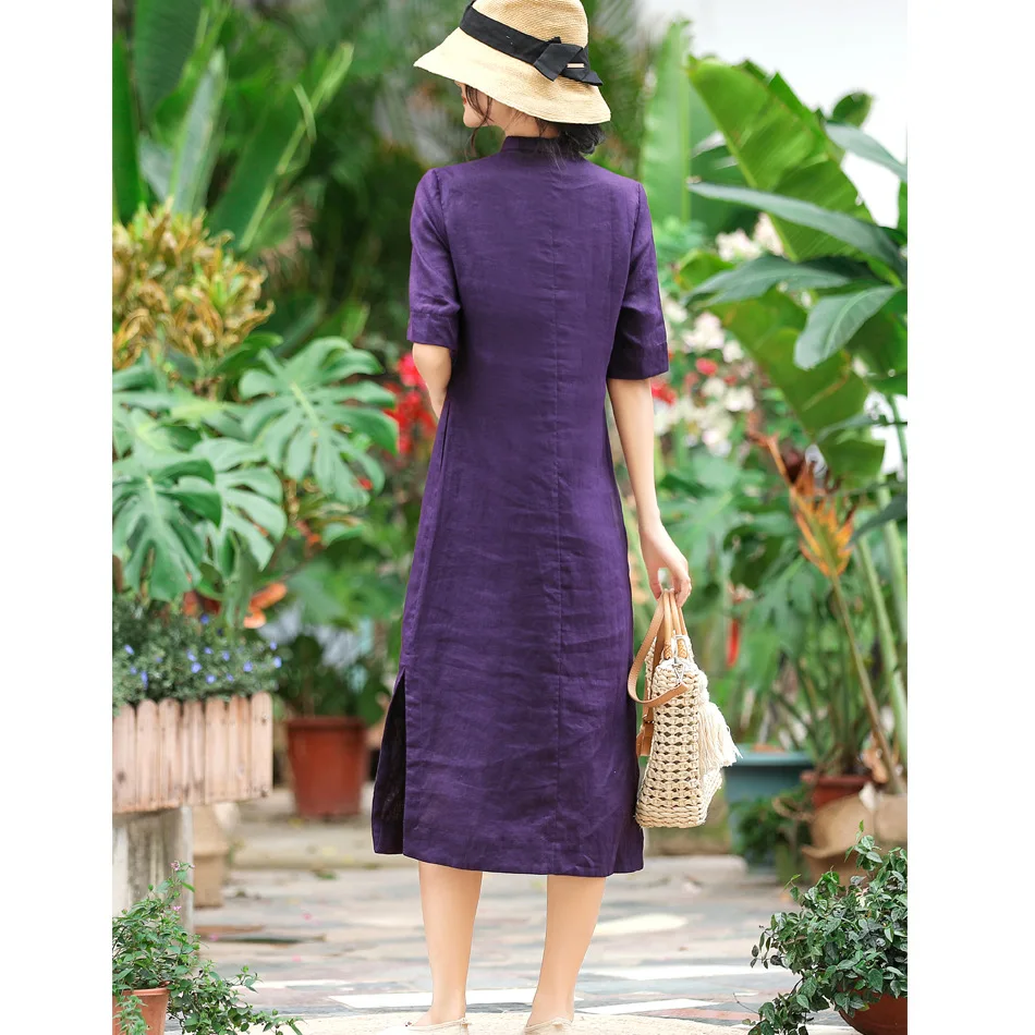 Summer New Cotton Linen Women's clothes Retro Embroidery Linen Dress Women's long Light Dresses Chinese Cheongsam