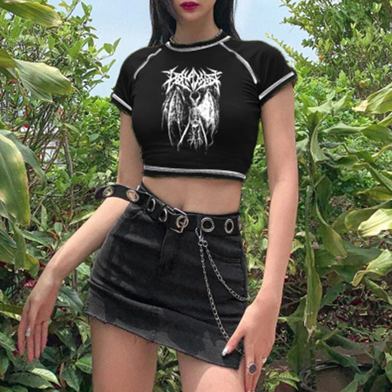 Vrouwen T-shirt Harajuku Crop Top Harajuku Retro Koreaanse Zwarte Demon Punk Gothic Anime Print Kleding Slim Anime