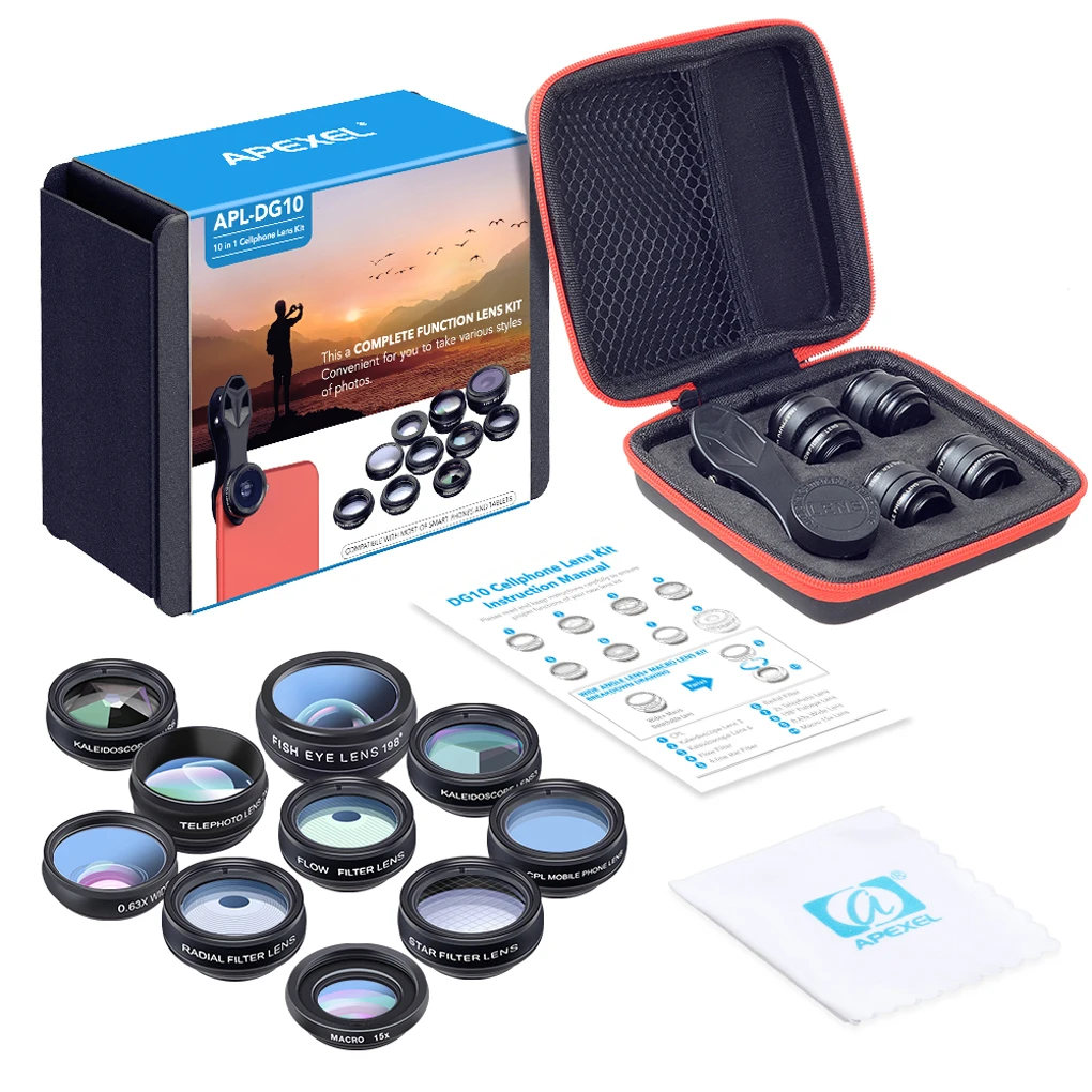 10-in-1 Fisheye Macro Lens Assortment Set Camping Outdoor Hiking Traveling Phone Clip-on Lenses with Travel Case