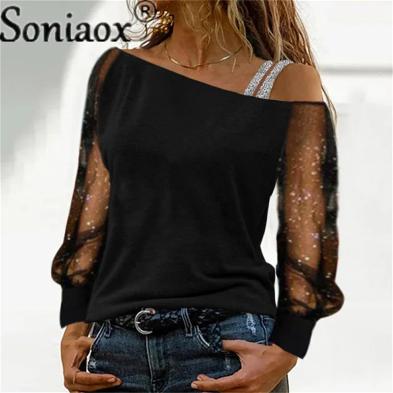 

2021 New Spring Autumn Women's Tees Fashion Mesh Long Sleeve Slash Neck Off Shoulder Solid Color Ladies Top T-Shirt