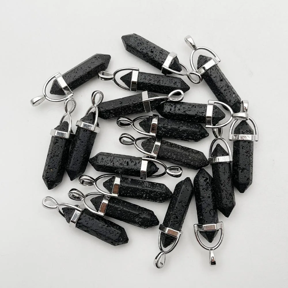 fashion new Volcanic rock natural stone crystal pillar Pendants necklaces for making Jewelry charm pendulum 24pc Good quality