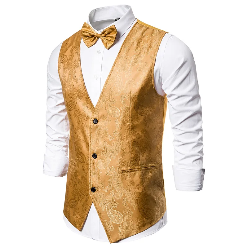 

Yellow V Neck Paisley Vest Men 2023 Brand Slim Fit Sleeveless Vest Waistcoat Men Party Wedding Prom Tuxedo Vests Chaleco Hombre